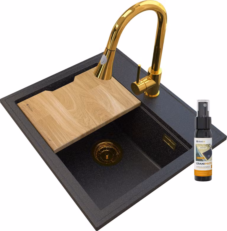 Granitan - Lavello in granito - Lavandino 56,5x50,5 cm - Lavello nero-oro - con miscelatore - FOXAL