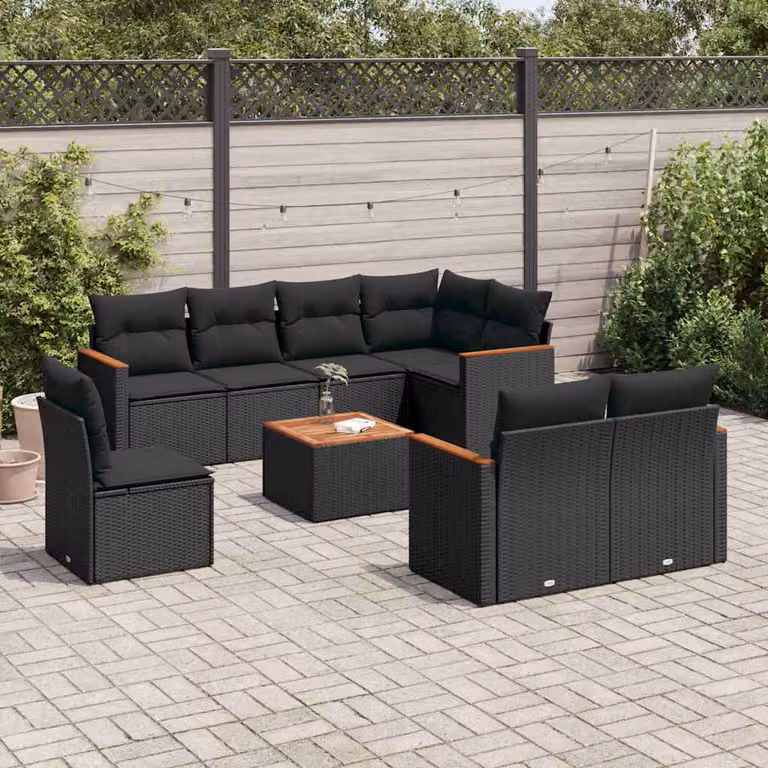 vidaXL Set Divani da Giardino a L 9 pz con Tavolino e Cuscini Neri in Polyrattan e Acciaio