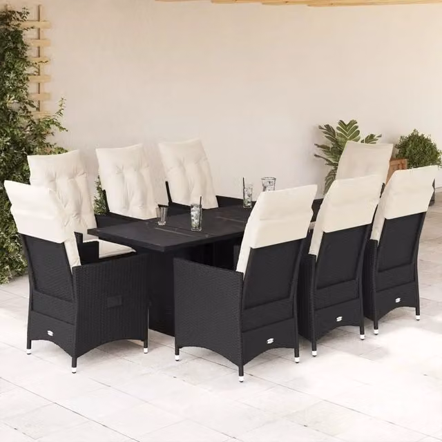 Set da pranzo da giardino vidaXL in polyrattan nero con cuscini bianchi e tavolo in vetro per 9 persone – 1