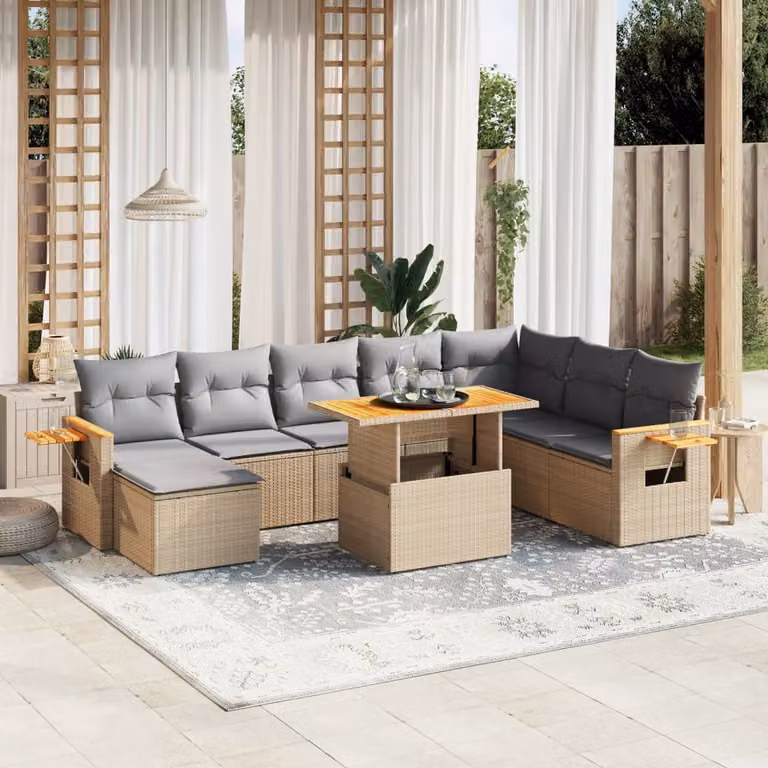 vidaXL Set Divano da Giardino 9 pz in Polyrattan con Cuscini Beige e Tavolino da Esterno
