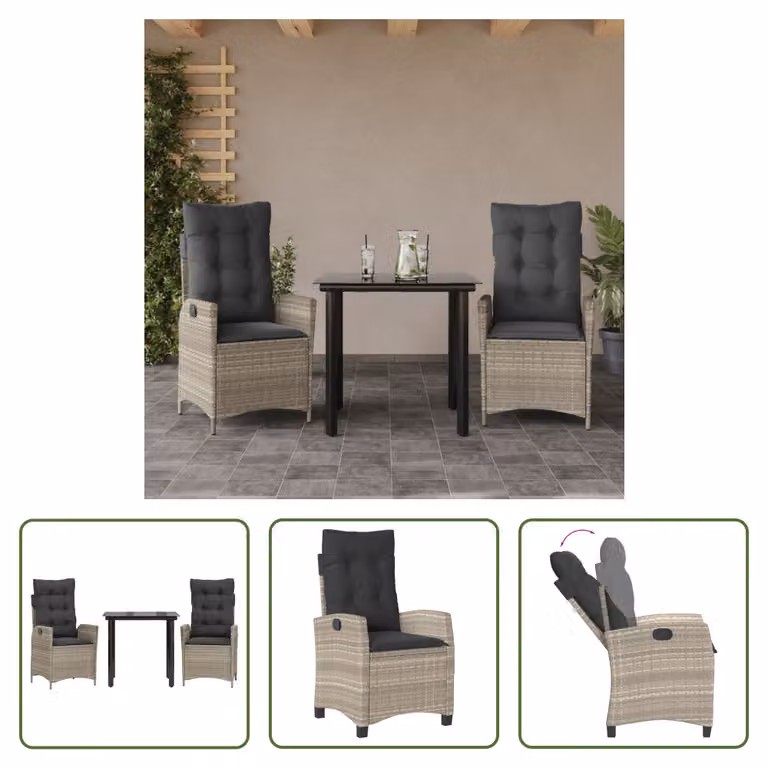The Living Store Set da pranzo da giardino 3 pezzi con cuscini in rattan grigio chiaro