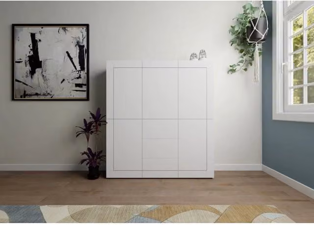 Credenza alta moderna 5 ante/3 cassetti 150x35x165 cm Elios - Bianco Lucido