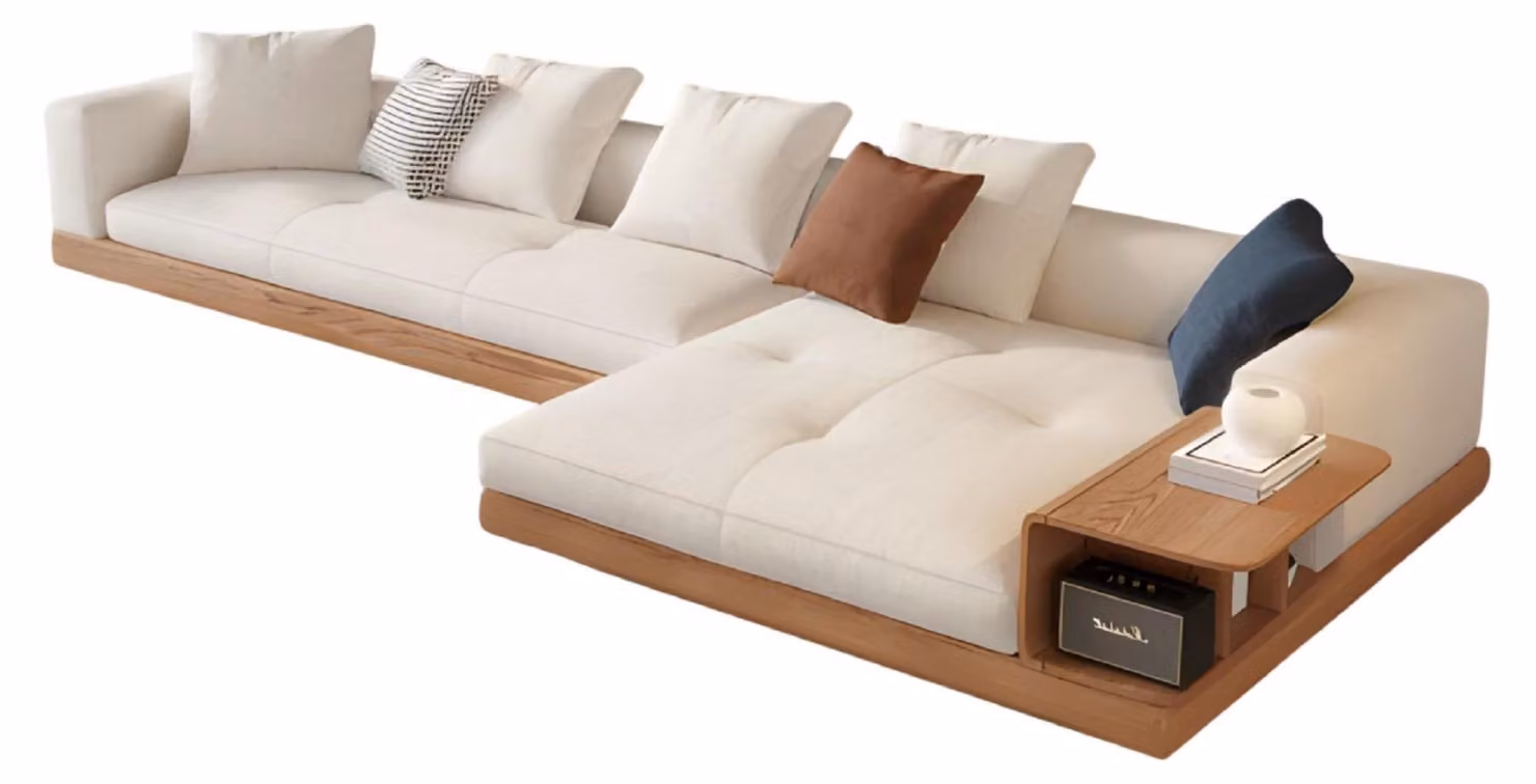 Divano ad angolo moderno beige per soggiorno: elegante e confortevole, rivestito in tessuto