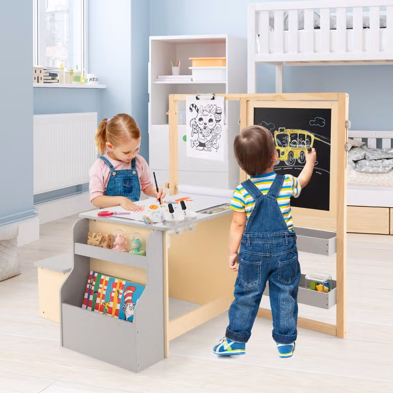 Set tavolo e panca per bambini Costway in legno con cavalletto regolabile a doppia faccia, Grigio, L: 114 cm, P: 81 cm, H: 100 cm