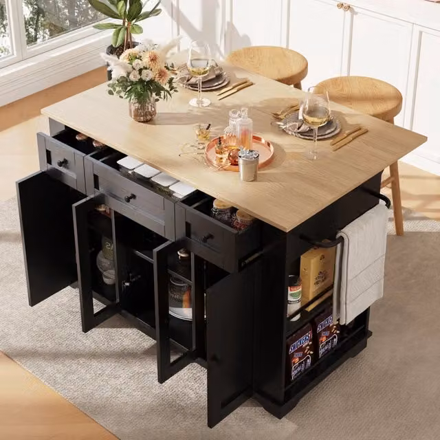 Isola Cucina con Ante e Piano in Legno ¨C MINIMAL ¨C Nero, Vetro Temperato