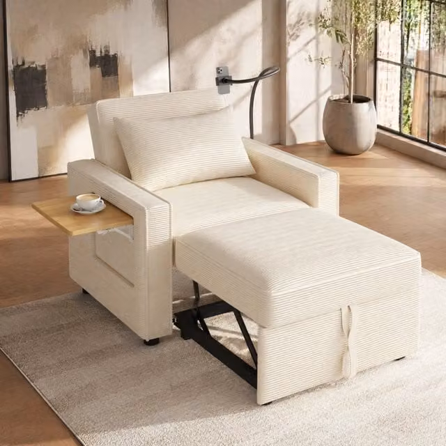 Divano letto singolo REDOM in tessuto corduroy beige con porte USB e Type-C, L/P/H: 93 x 150 x 85 cm