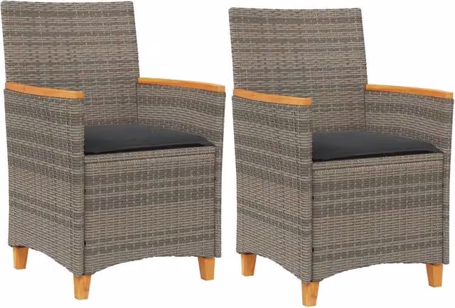 Sedie Giardino con Cuscini 2 pz | Sedie da Esterno Grigie Polyrattan Legno Massello