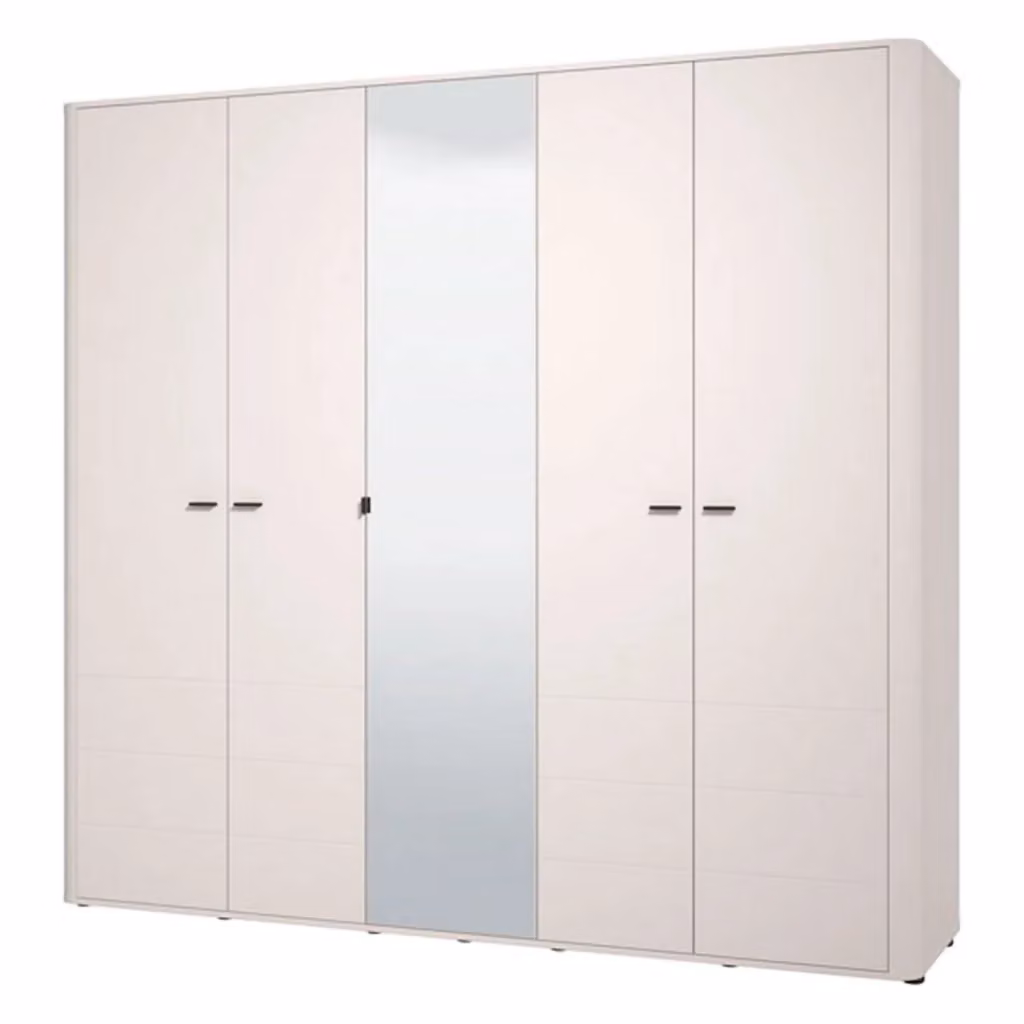 Armadio da camera da letto moderno DMORA con specchio e ripiani interni, Bianco e Beige, L: 224.5 cm, H: 211 cm, P: 225 cm – 2