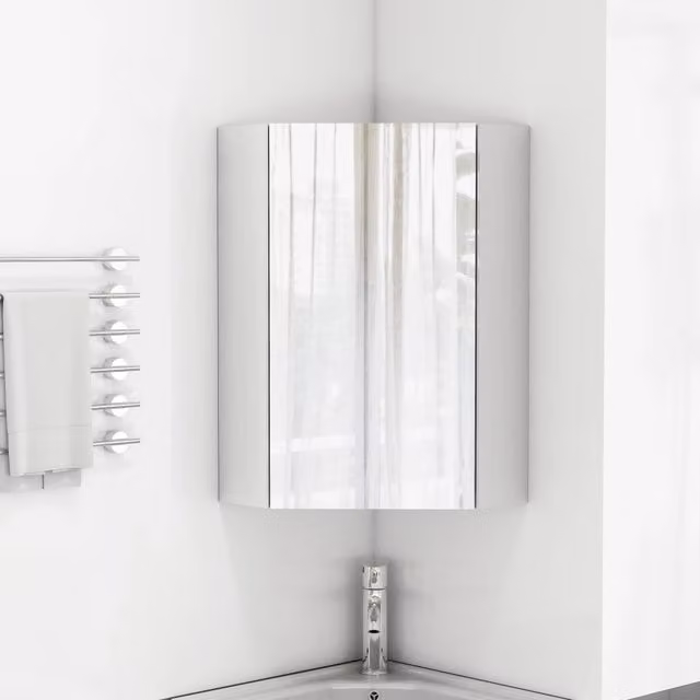 Armadietto a specchio angolare a parete con 3 specchi ripiani e chiusura ammortizzata in MDF e vetro bianco