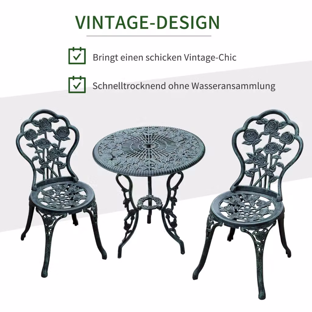 Set Bistro REDOM da 3 Pezzi composto da Tavolo Rotondo e 2 Sedie in Metallo Verde Anticato Ø60 cm – 2