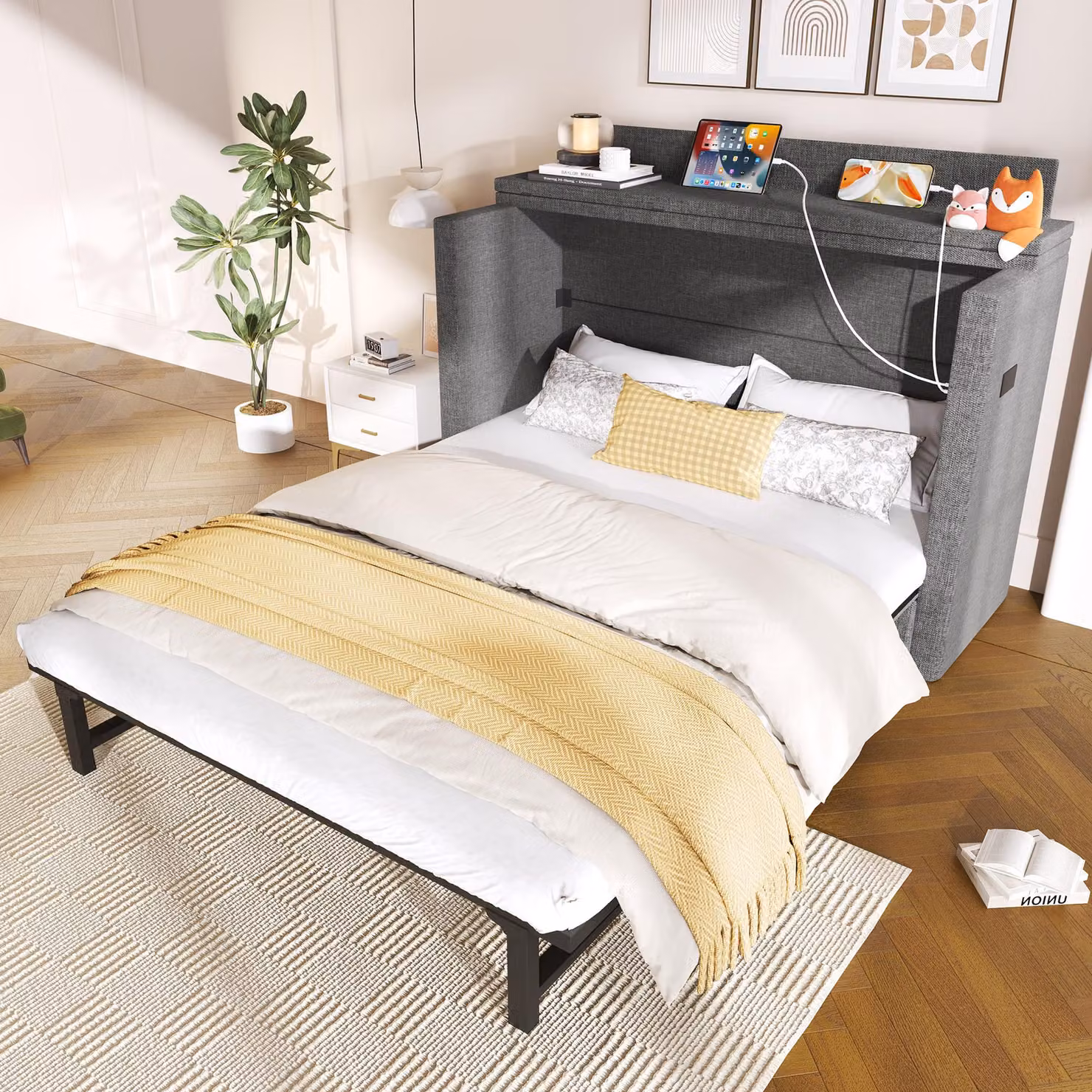 Letto a scomparsa STILVORA 140x200 con cassetto, letto per ragazzi con contenitore e vano portaoggetti e stazione di ricarica, struttura letto senza materasso, tessuto, grigio
