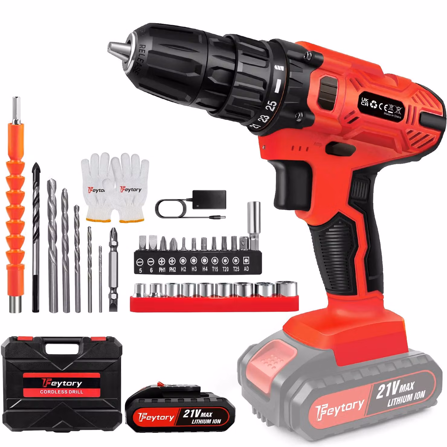 Trapano avvitatore a batteria da 21V - 45 Nm - 2 velocità - 1200 giri/min - Diametro massimo di foratura: 23 mm - 1 batteria - Colore: rosso