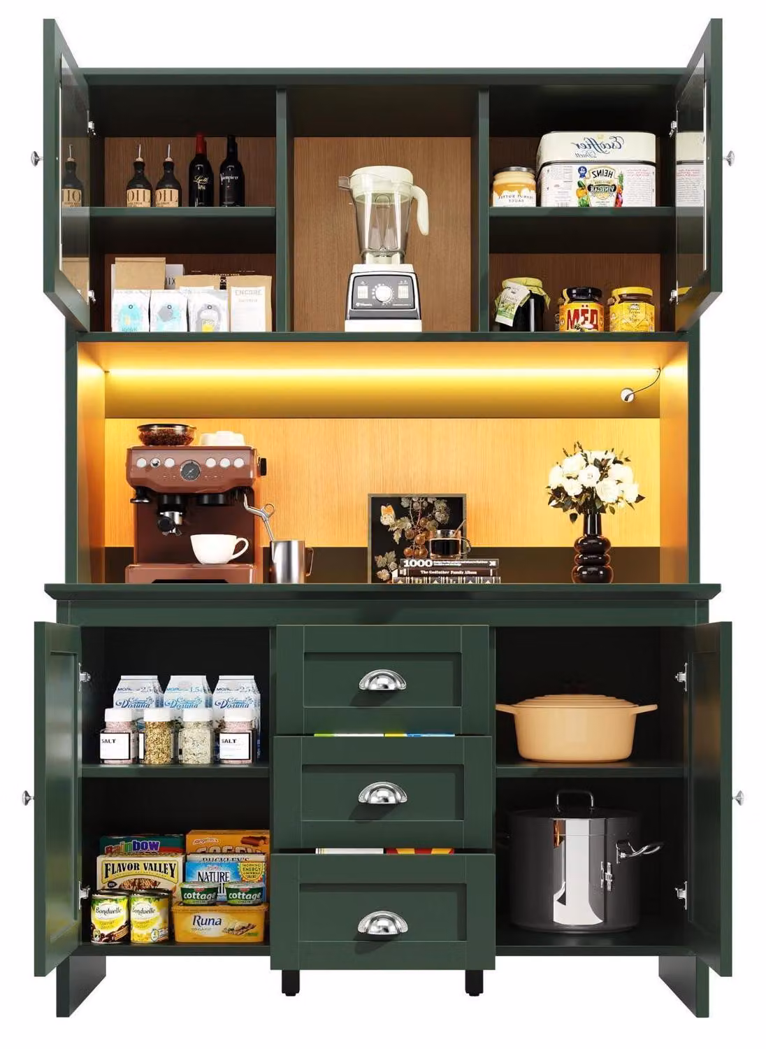 Mobile da cucina con piano di lavoro e illuminazione a LED, dimensioni 120x40x179 cm, colore verde