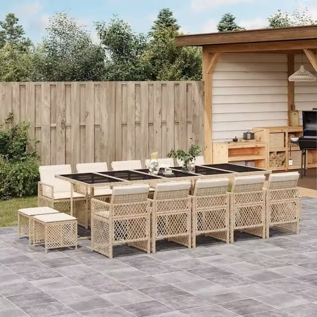 Set da Pranzo da Giardino vidaXL in Polyrattan con Cuscini Beige e Bianco, 15 Pezzi con Tavolo Rettangolare in Vetro – 1