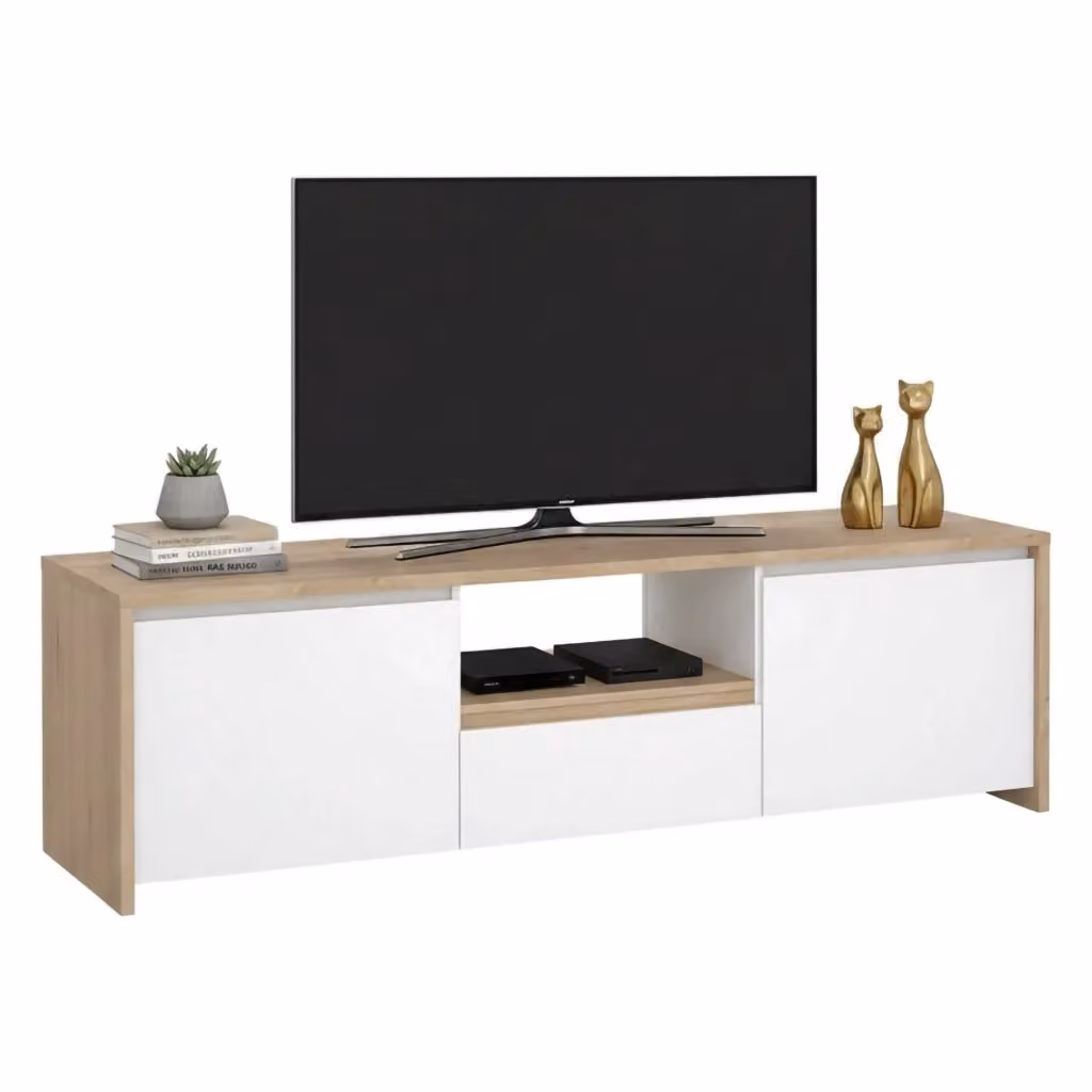 Mobile porta TV moderno DMORA in rovere e bianco lucido, Credenza da soggiorno con vani porta media, L: 178,6 cm, P: 48,1 cm, H: 51,8 cm – 2