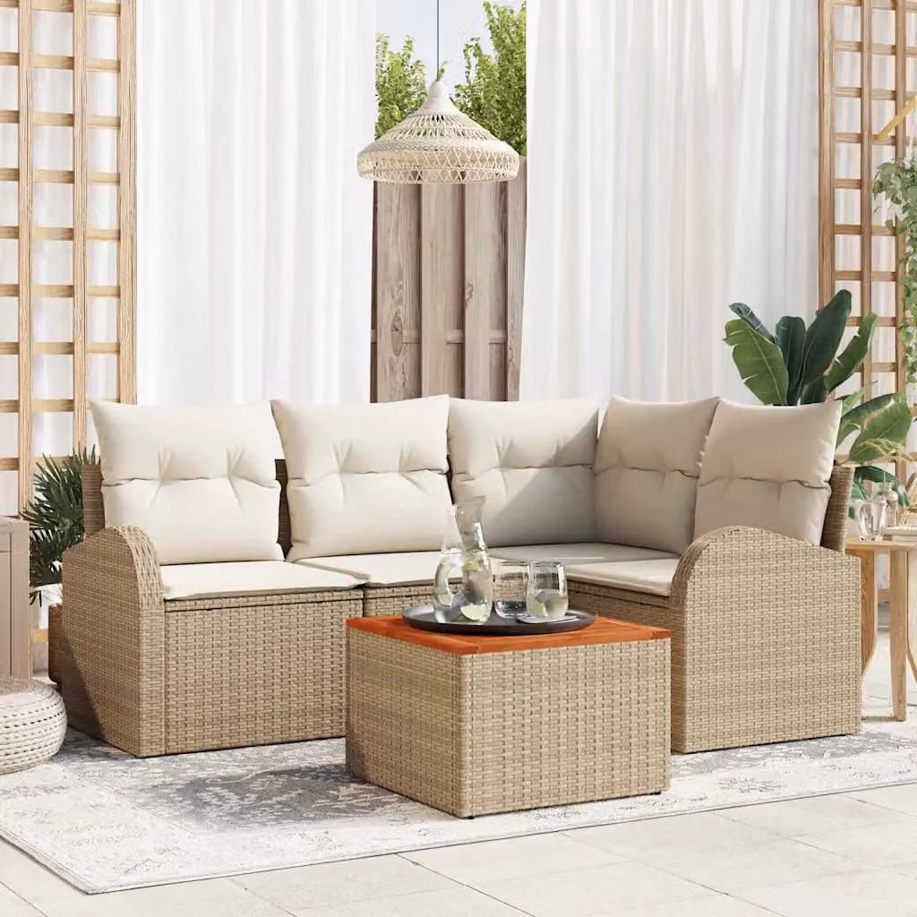 Set Divano da Giardino 5 Pezzi vidaXL in Polyrattan Beige con Cuscini e Tavolino da Esterno