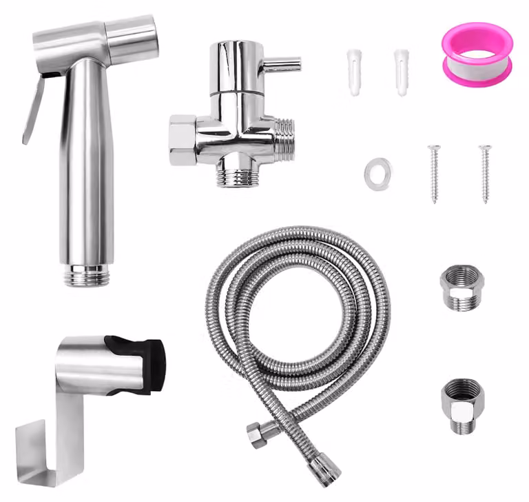 Kit doccia per WC, colore argento, completo di tubo flessibile e adattatore, per l'igiene personale