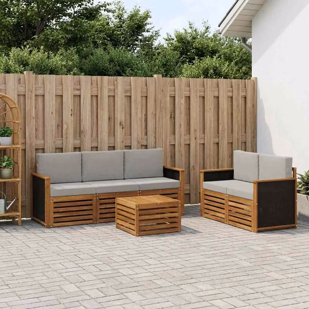 Set di divani da esterno vidaXL a forma di L composto da 6 pezzi in legno di acacia con cuscini beige e grigi per giardino e terrazzo
