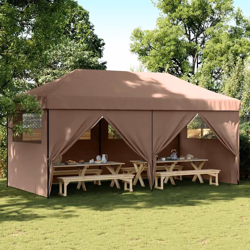 Tendone per feste pieghevole pop-up vidaXL con 4 pareti marrone, nero e trasparente in acciaio e poliestere con finestre in PVC L/P/H: 580 x 292 x 315 cm