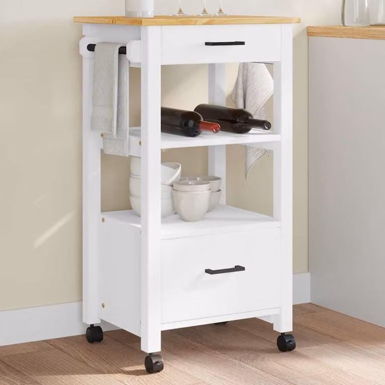 vidaXL Carrello da Cucina MONZA in Legno di Pino e Metallo, Bianco, L/P/H: 48 x 40 x 88,5 cm