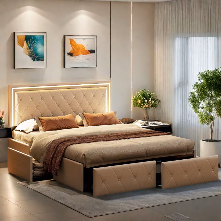 Letto matrimoniale 160x200 cm, testata LED, letto imbottito con 4 cassetti, letto con rete a doghe e struttura in metallo, letto imbottito con testata regolabile in altezza, PU, grigio
