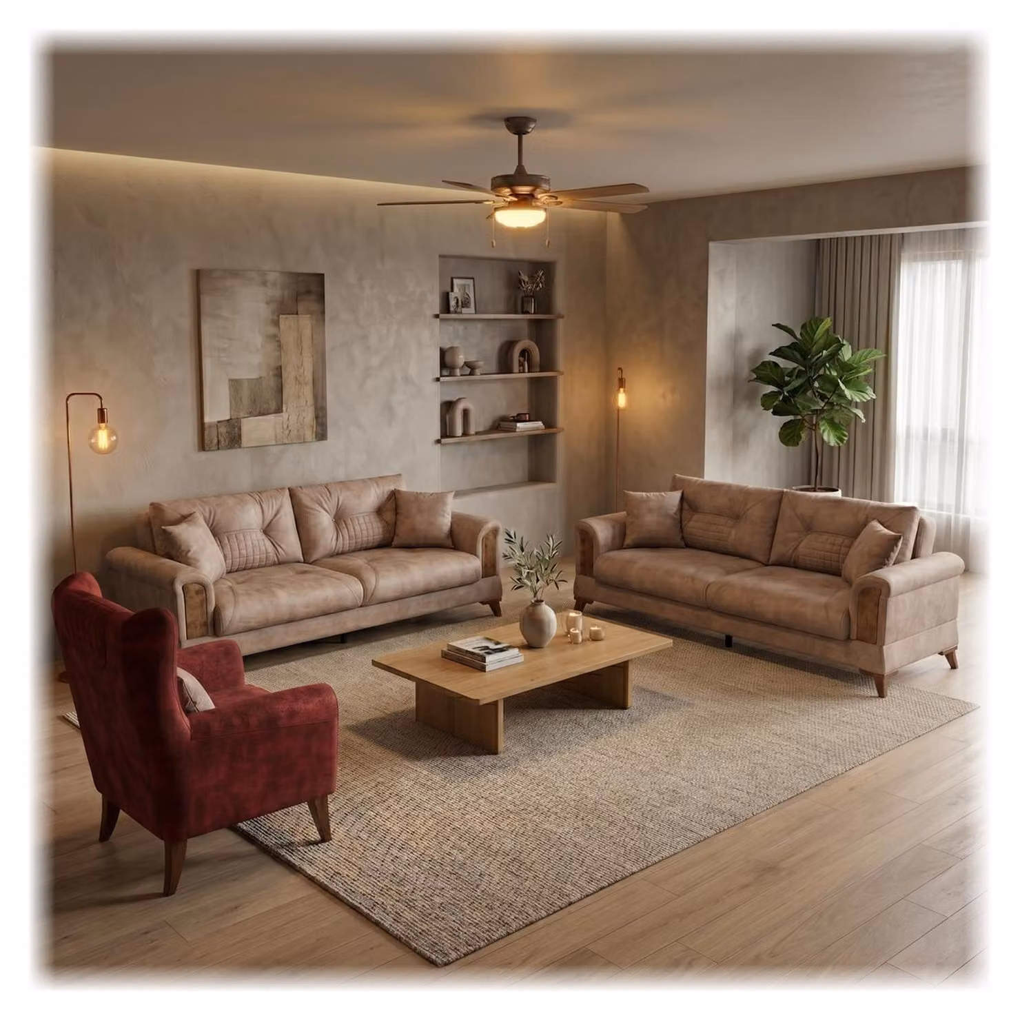 Set di divani composto da: 2 divani a 3 posti, 1 poltrona. Design moderno, colore marrone e rosso, lussuoso