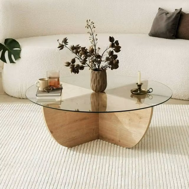 Tavolino da salotto circolare Jolanda DMORA in legno rovere marrone e vetro trasparente, L/P/H: 90 x 90 x 30 cm – 1