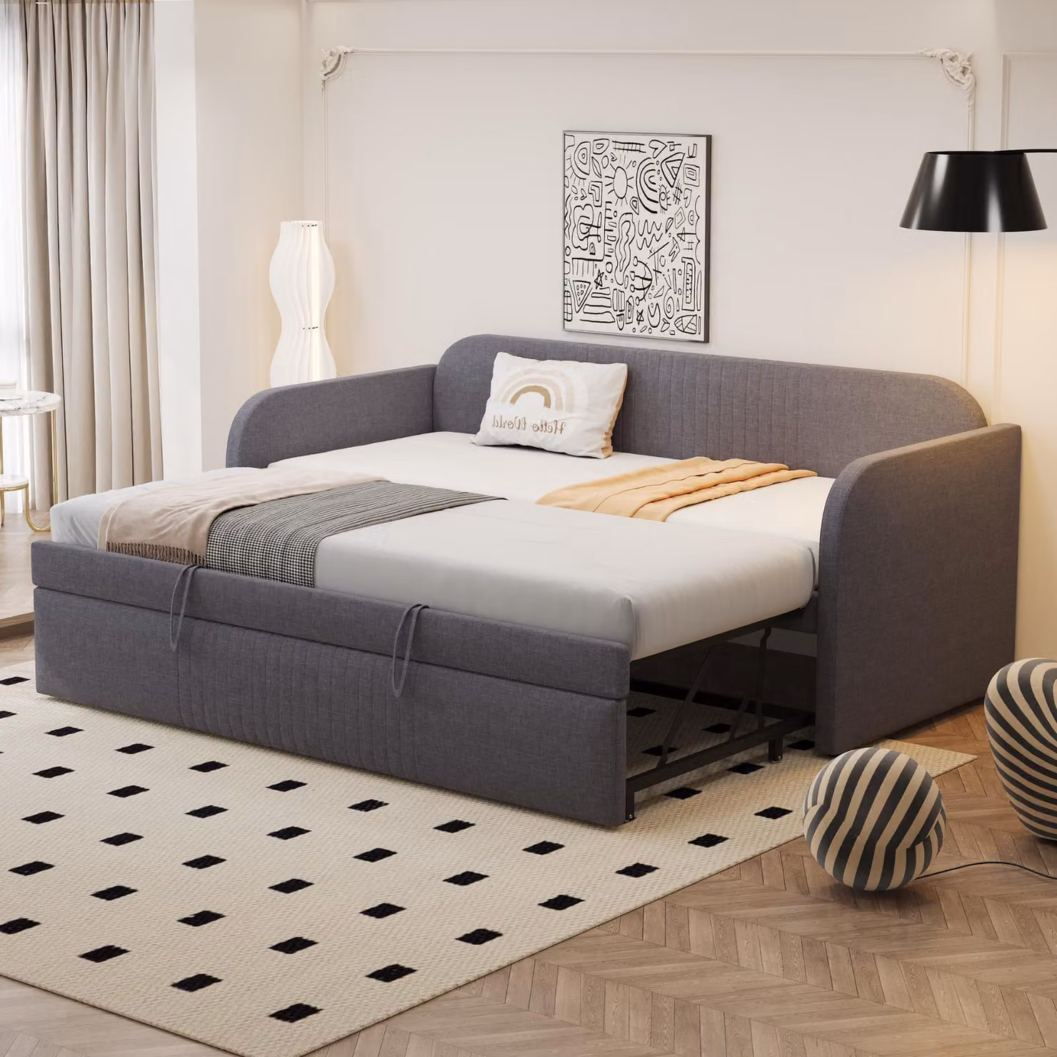 Divano letto Flieks 90x190cm/180x190cm, divano letto imbottito con letto estraibile, letto singolo per ragazzi con rete a doghe, biancheria da giorno, nero
