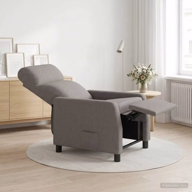 Poltrona reclinabile relax moderna in tessuto beige e grigio con braccioli per soggiorno o ufficio