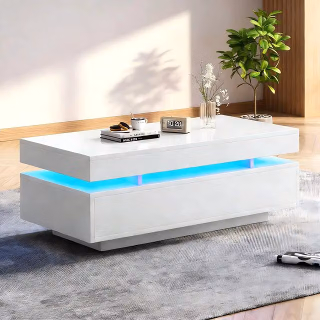 Tavolino da caffè 100x50x35 cm con 2 cassetti e illuminazione LED in pannello di truciolare bianco
