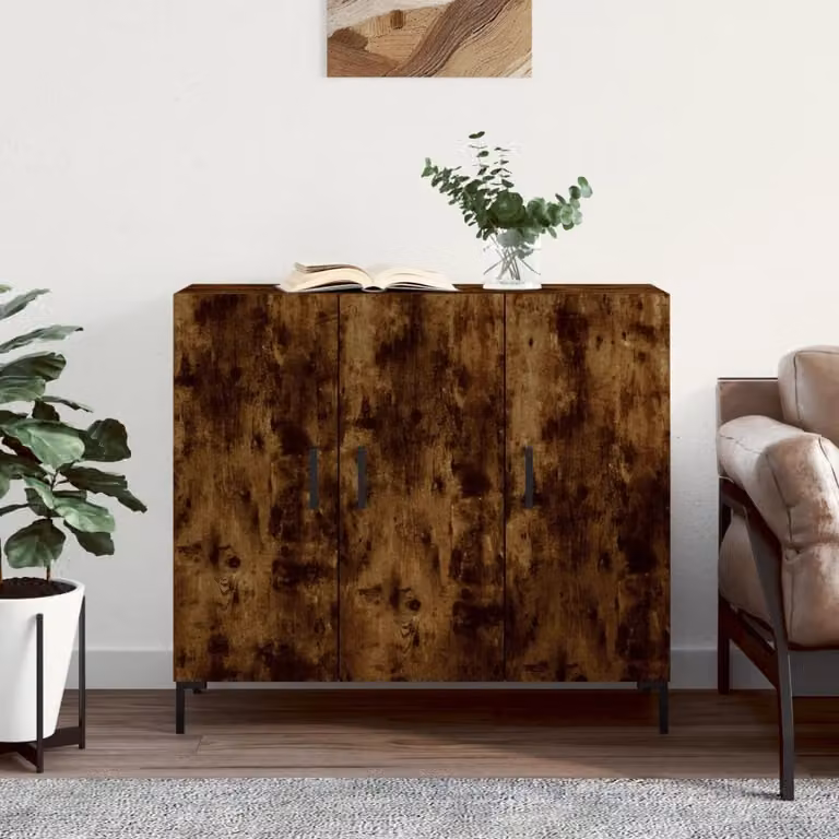 Credenza moderna vidaXL in legno Rovere Fumo, colore marrone, L: 90 cm, P: 34 cm, H: 80 cm
