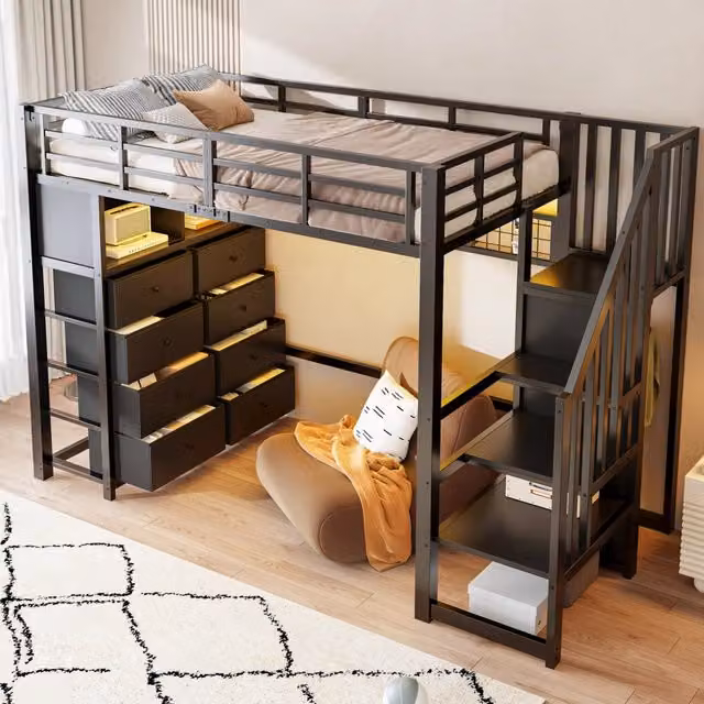 Letto a soppalco per bambini 90×200 cm con 8 cassetti, LED, ripiani e scala contenitore, senza materasso, nero