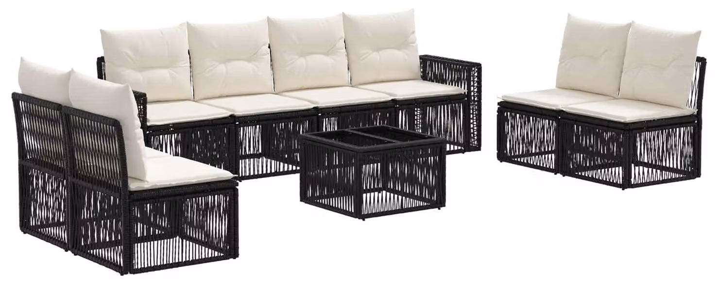 Set Divano da Giardino 9 pcs Nero e Bianco Crema polyrattan