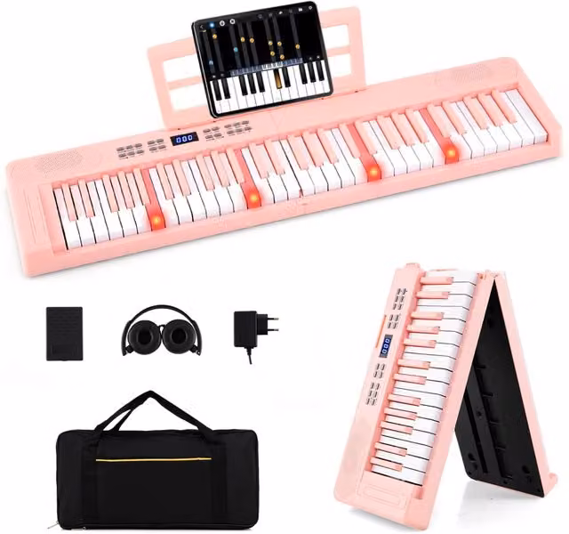 Tastiera elettronica portatile pieghevole con 61 tasti MIDI, ideale per principianti, colore rosa, completa di cuffie e pedale sustain, L/P/H: 48 x 22 x 12 cm
