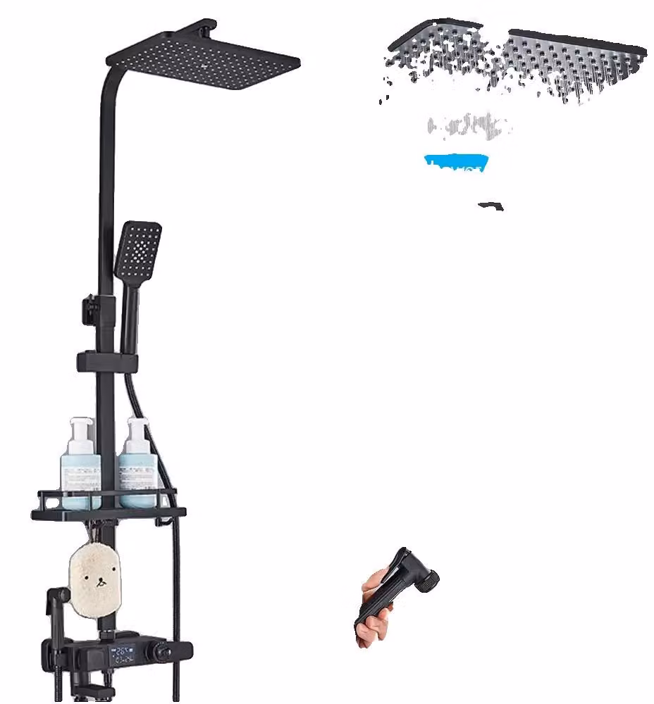 Set di rubinetteria per doccia, con controllo termostatico automatico, display LED per la temperatura, colore nero