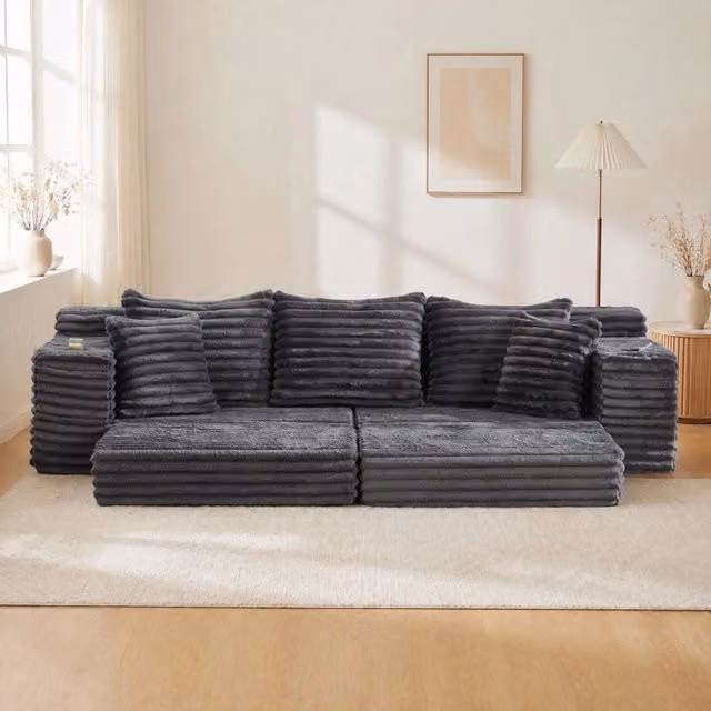 Divano letto componibile ULEVR 273x98x87 cm in velluto a coste grigio scuro, tasche laterali e portabevande