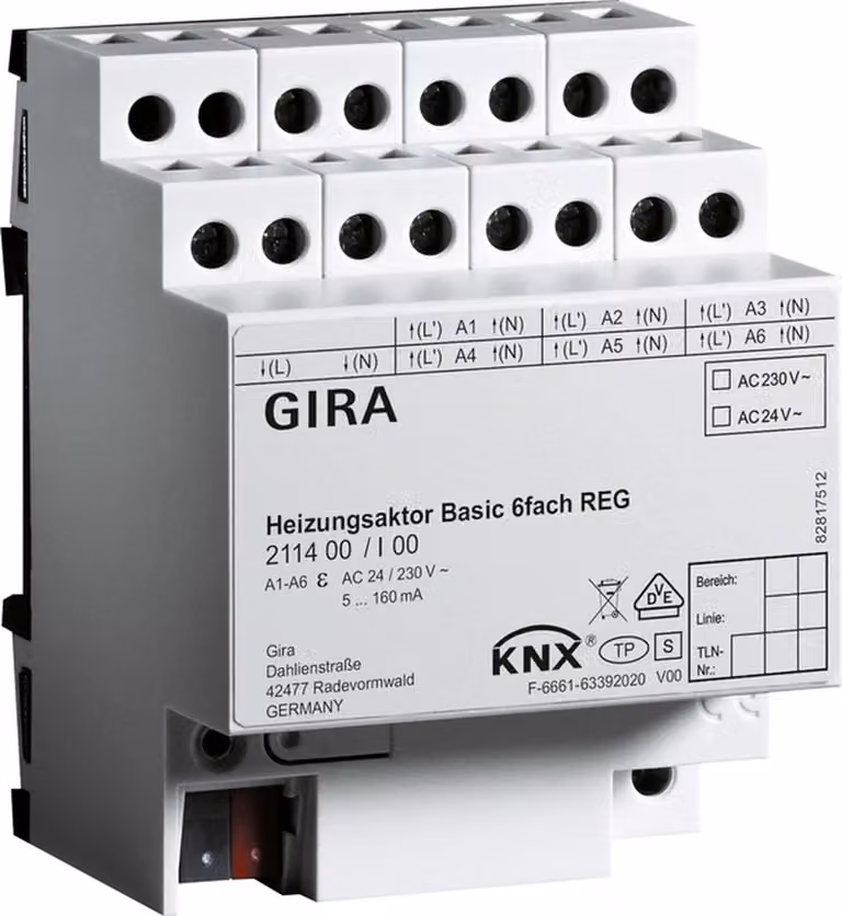 Attuatore riscaldamento Gira, Basic, 6f, KNX, REG, 1 pz.
