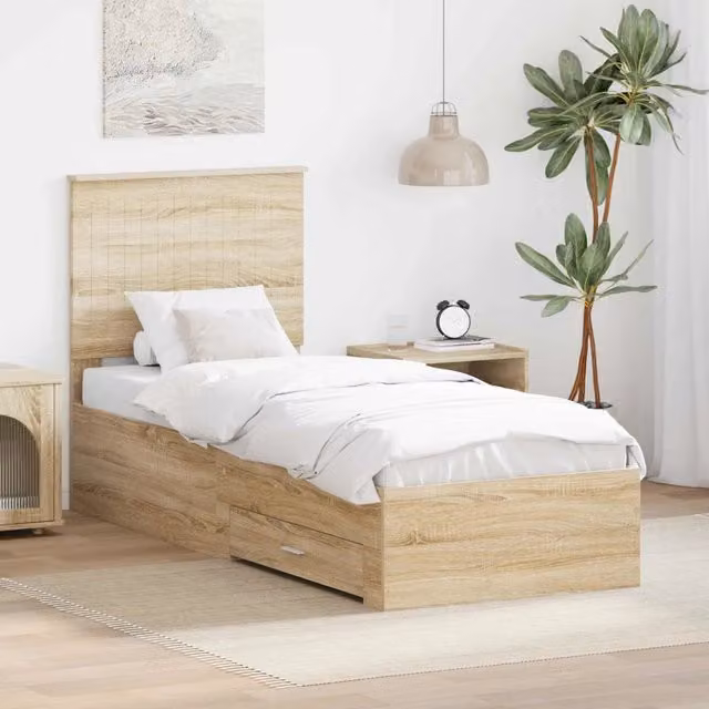 Struttura letto moderna vidaXL in legno color rovere e argento con cassetti L/P/H: 140 x 70 x 200 cm