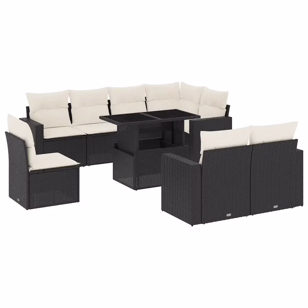 vidaXL Set Divani da Giardino a L 9 pz in Polyrattan Nero con Cuscini e Tavolino da Esterno – 2