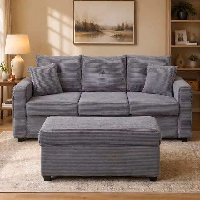 Divano angolare modulare a L con pouf; LED controllate da app; rivestimento in corduroy grigio antico