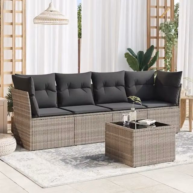 Set Divano da Giardino 5pz con Cuscini-Sofa da Giardino-Divanetto da esterno Grigio Chiaro Polyrattan 301783