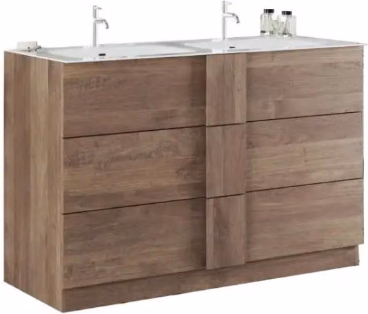 Mobile da bagno con due lavabi e 3 cassetti, collezione FRASSI. Colore rovere chiaro.