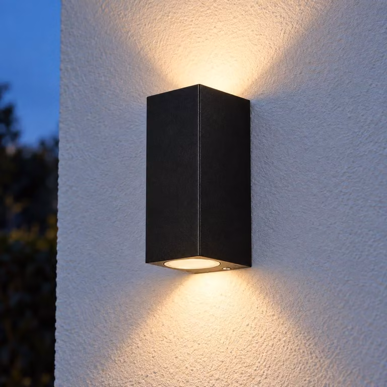Lampada da parete Up&Down, alluminio/vetro, nera, grado di protezione IP44, attacco GU10, larghezza 6,8 cm