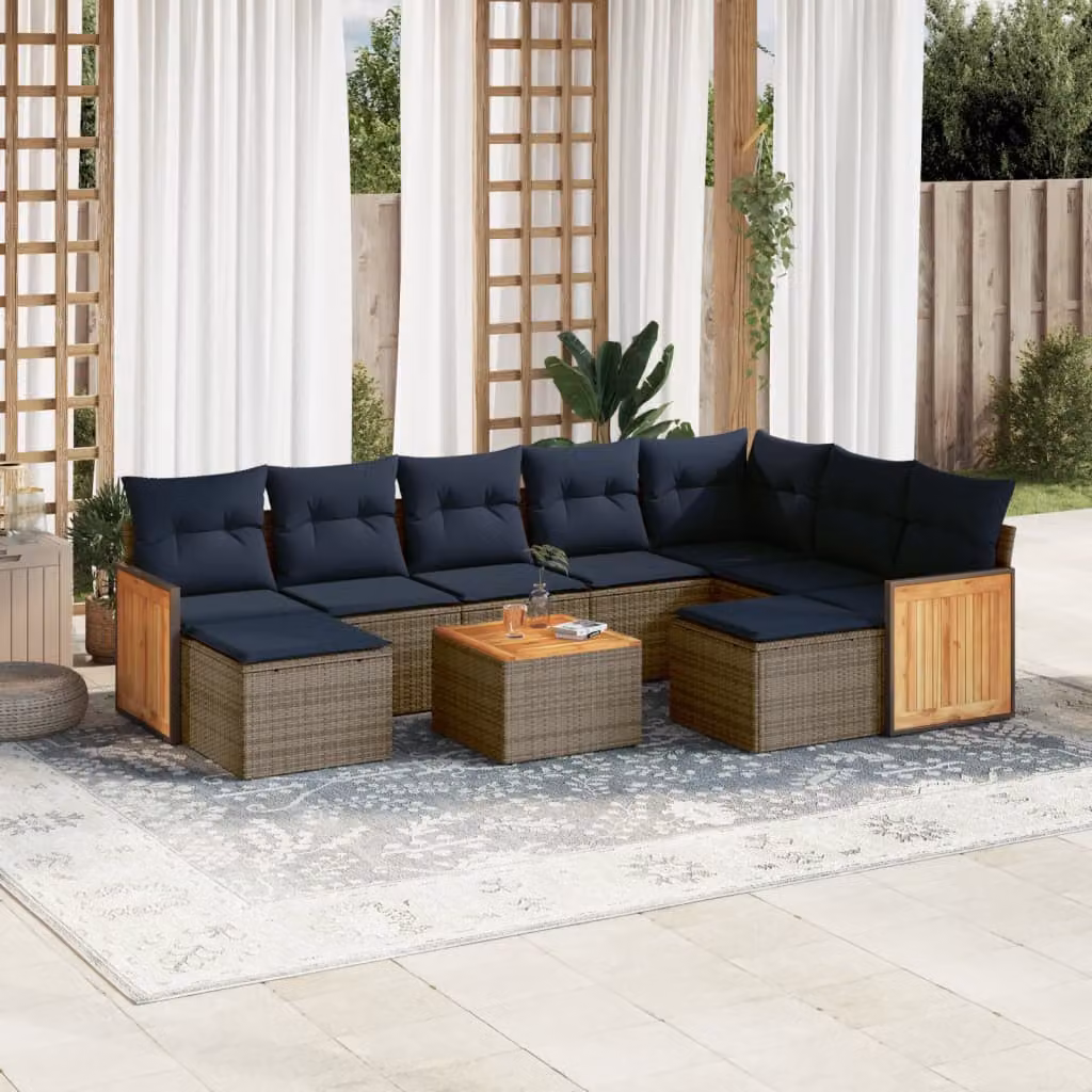 Set di divani da giardino vidaXL in polyrattan grigio con cuscini e tavolino da esterno a forma di U