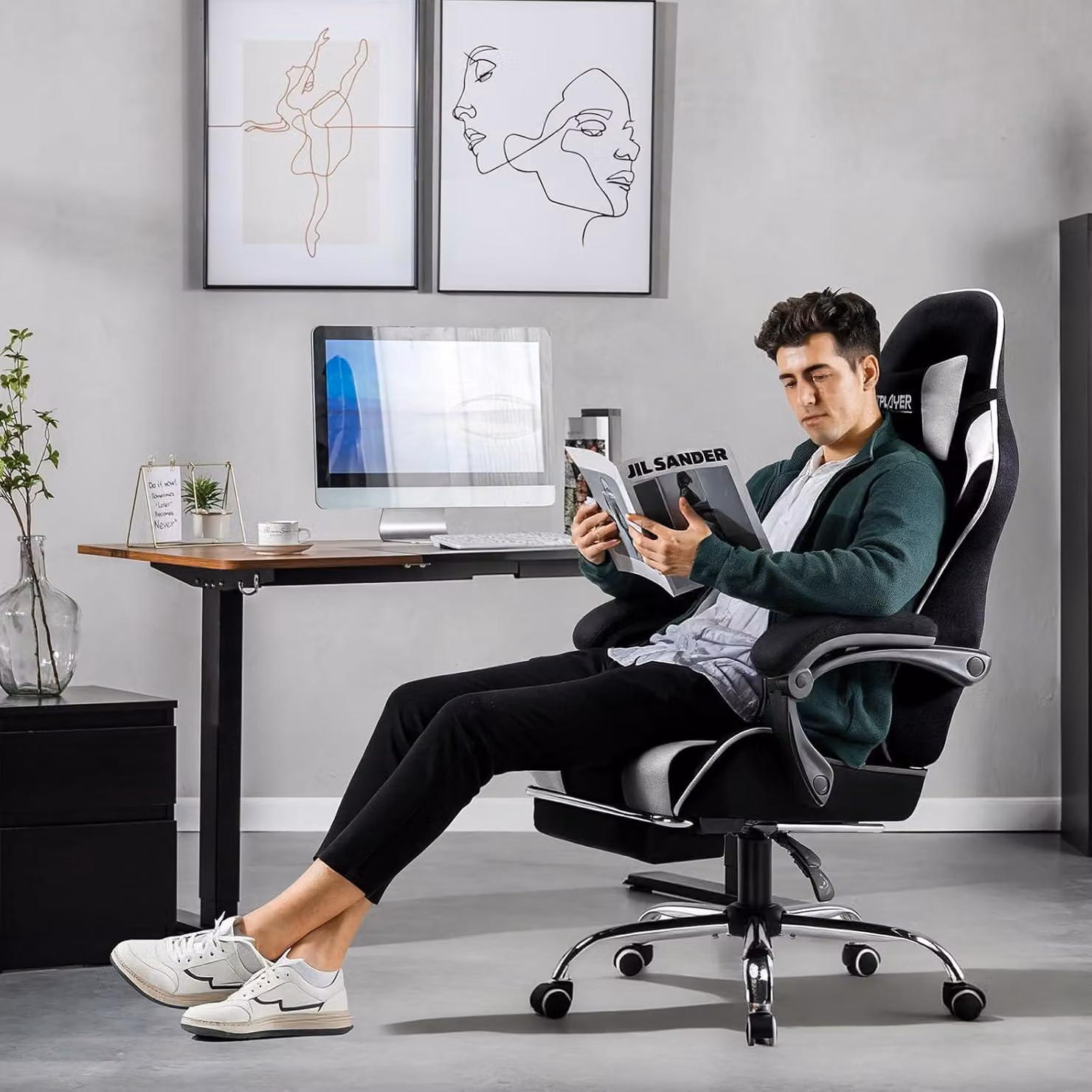 Sedia da gaming, sedia da ufficio, sedia ergonomica per PC, sedia da gaming con supporto per massaggio, sedie da lavoro con poggiapiedi e poggiatesta, tessuto bianco