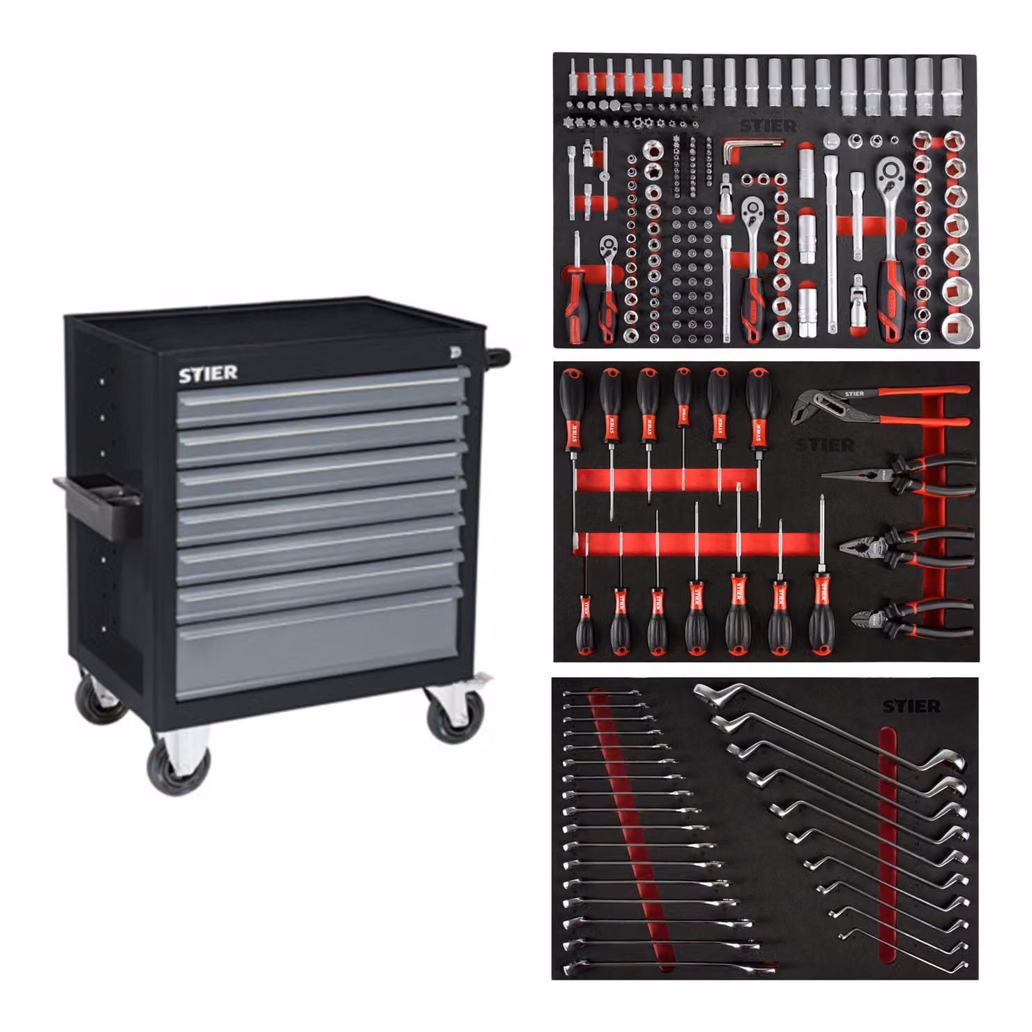 Carrello da officina STIER nero, dotato di 223 pezzi, utensili in inserto in schiuma morbida (EVA), portata 300 kg, 7 cassetti