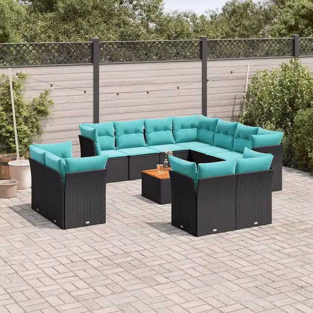 Set di Divani da Giardino a Forma a U vidaXL in Polyrattan Nero con Cuscini e Tavolino da Esterno