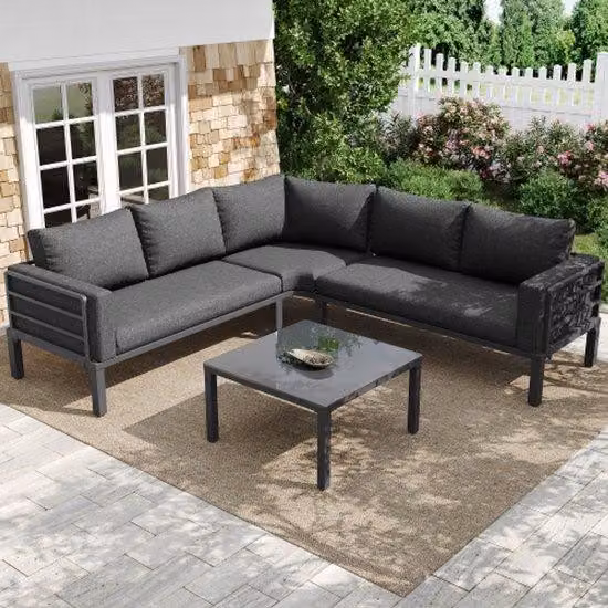 Set di mobili da giardino (4-5 posti), 1 tavolino in vetro temperato con struttura in ghisa, comodi mobili da giardino, cuscini di seduta e cuscini decorativi grigi, con gambe regolabili