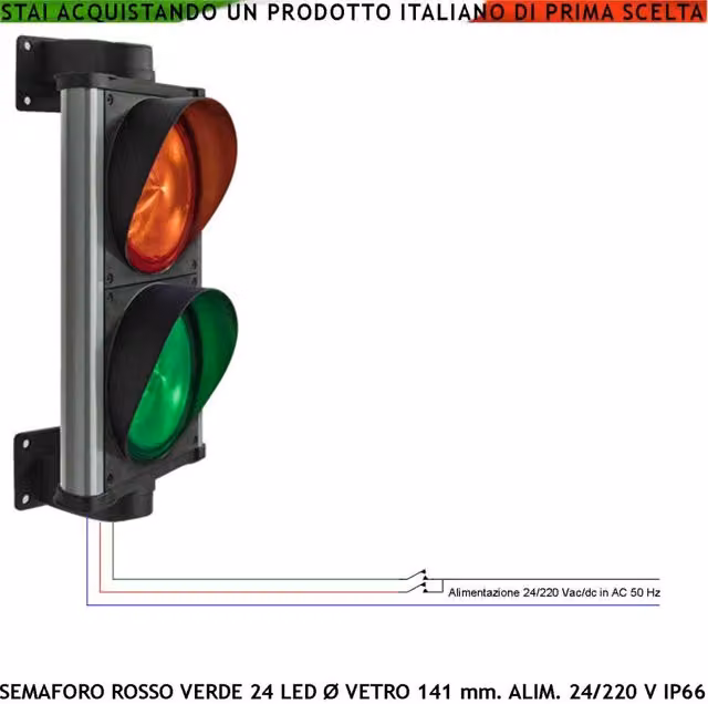 Semaforo di segnalazione biluce Securvai con 24 LED rossi e 24 LED verdi, corpo in alluminio con protezione IP66 e supporti di fissaggio a parete orientabili a 360°