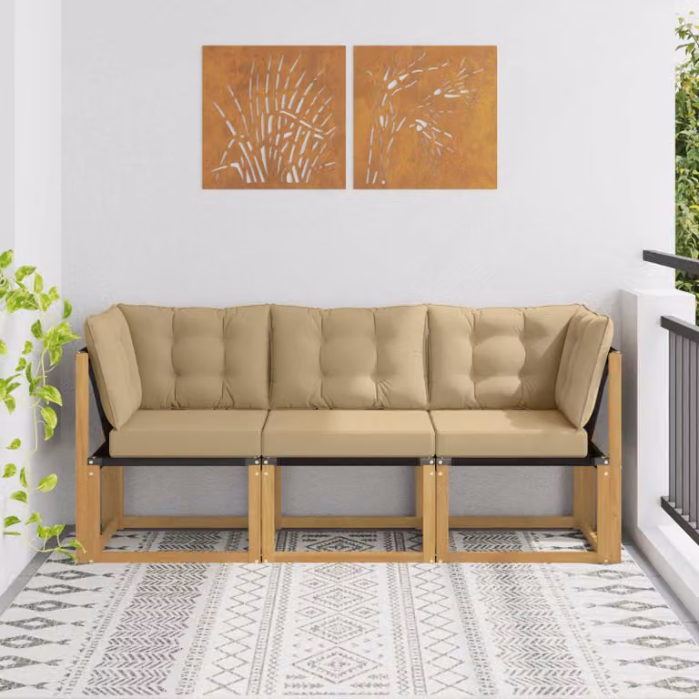 Set di divano modulare da esterno vidaXL a forma di L in legno di acacia con cuscini, Bianco/Beige